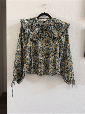 Universal Thread Rebecca Taylor Green and Yellow Ruffled Bib Collar Blouse Sz XS